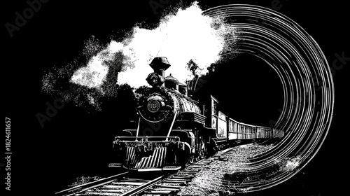 Dramatic black and white illustration of a vintage steam locomotive on railroad tracks with billowing smoke and dynamic design