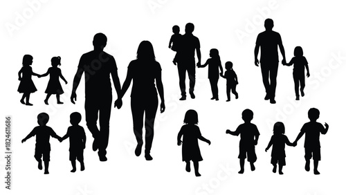 Family and children silhouettes isolated on white background, Vector