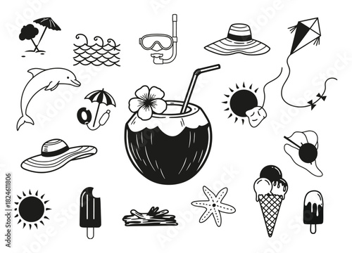 Summer vacation fun and beach activities doodle collection