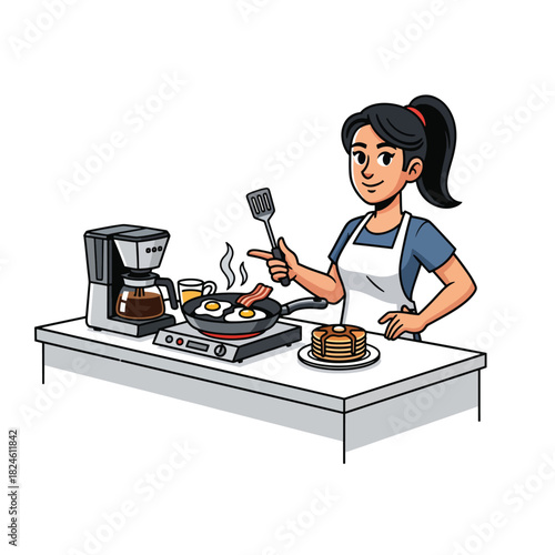 Woman cooking a breakfast of pancakes, eggs, and bacon with a coffee machine on the counter