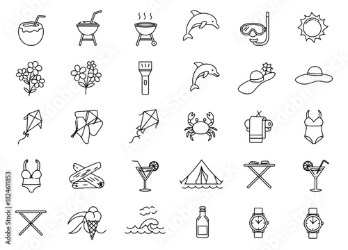 Collection of summer vacation and beach activity icons