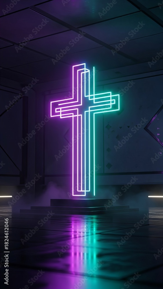 Naklejka premium Neon cross in a dark futuristic room with glowing lights and reflections on a wet floor