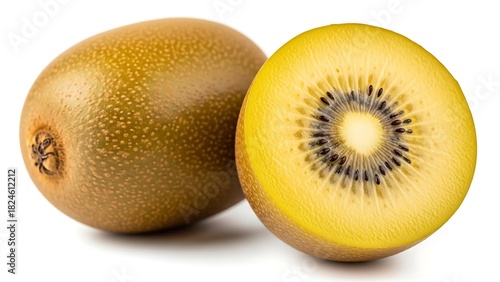 Whole golden kiwi fruit and a half kiwi fruit on white background