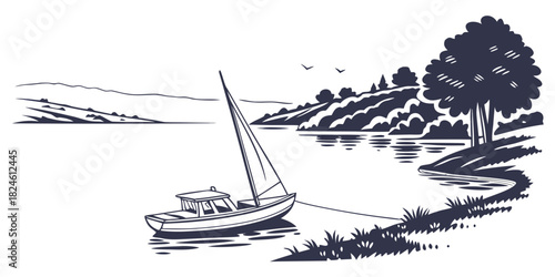 Finger Lakes Boat Silhouette – Minimal Vector Illustration in Retro Travel & Nature Theme
