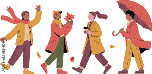 Autumn season people wearing jacket holding umbrella and maple leaf in flat vector illustration concept exactly 