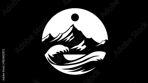 Minimalist circular emblem with majestic mountains, crashing ocean waves, and a sun. Nature adventure travel graphic design icon.