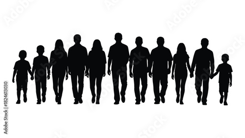 Diverse group of people silhouettes walking isolated on white background, Vector