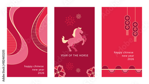 Chinese new year 2026, year of horse pink and gold design. Collection of Chinese festival. Vector illustration.
