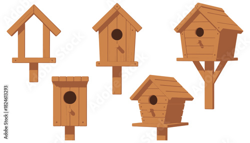 Bird feeder and wooden bird house set with hanging roof, entry hole, seeds, and outdoor construction for wildlife support, garden decor, and nature care illustrations.