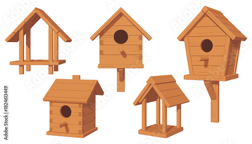 Bird feeder and wooden bird house set with hanging roof, entry hole, seeds, and outdoor construction for wildlife support, garden decor, and nature care illustrations.