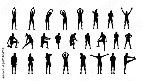 Workout and stretching exercise silhouettes isolated on white background, Vector