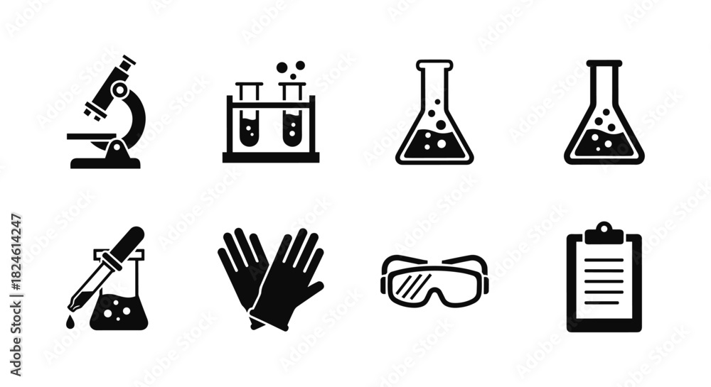 Obraz premium Black and white science icons featuring lab equipment and safety gear