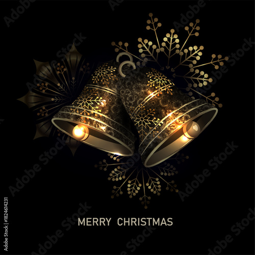Merry Christmas. 2026. Isolated golden bells with exquisite snowflakes.