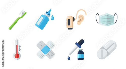 Flat style medical and hygiene icons: toothbrush, ear device, mask, and more