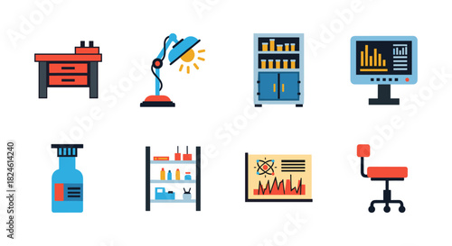 Colorful laboratory equipment icons for science and education