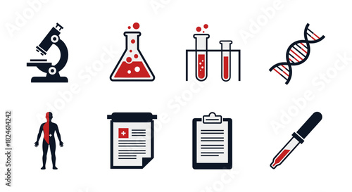 Science icons set featuring microscope, dna helix, test tubes, and medical clipboard