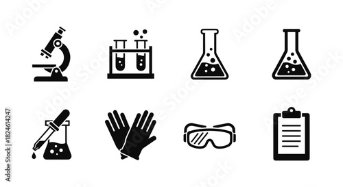 Black and white science icons featuring lab equipment and safety gear