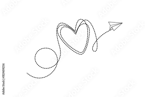 Paper airplane flight path. Heart and swirl. Concept of love, moving towards a goal with love, and a love of travel. Vector illustration on a white background.