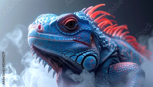 Close-up of a blue iguana with red spines emerging from swirling mist