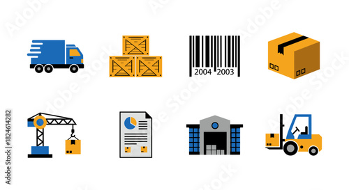 Colorful flat icons representing logistics and supply chain operations
