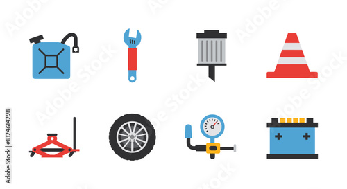 Flat icons of garage tools and automotive equipment on white background