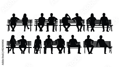 People sitting on benches silhouette vector set isolated on white background, Vector
