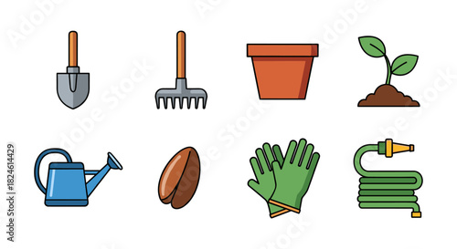 Colorful garden tools and elements set for planting and gardening enthusiasts