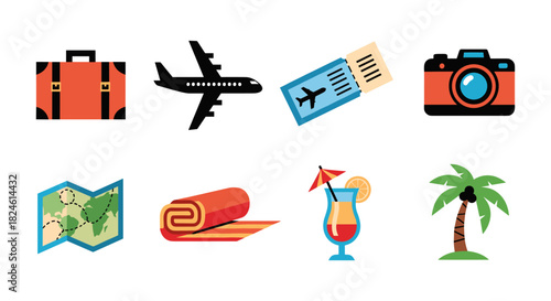 Colorful travel icons: luggage, airplane, ticket, camera, and more