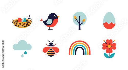 Colorful spring icons: birds, bugs, and blossoms for seasonal themes