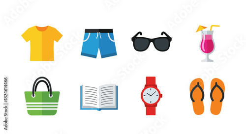 Summer essentials icons set: clothing, accessories, and refreshments