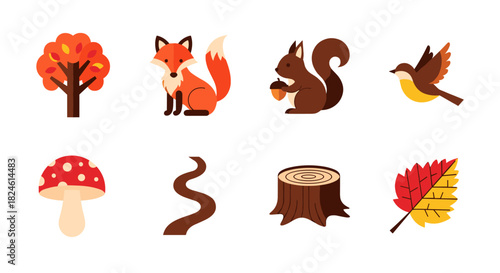 Colorful flat forest animals and autumn elements