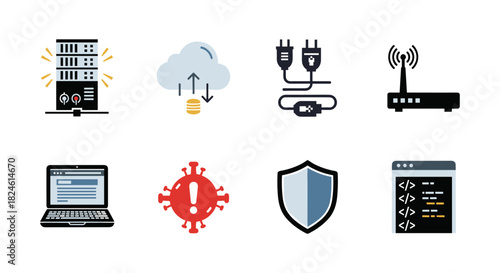 Technology icons set: cloud, security, coding, and connectivity in flat design