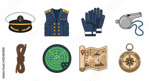 Nautical symbols collection: captain hat, vest, gloves, whistle, rope, radar, map, compass in flat design