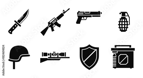 Military equipment icons set: silhouette style weapons, helmet, shield, explosive, and ammunition