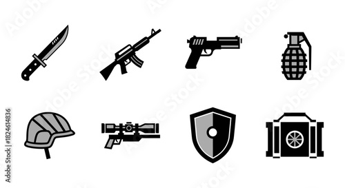 Military silhouette icons: weapons, defense gear, and tactical elements