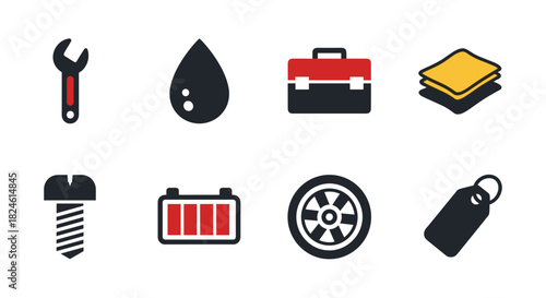 Flat icon set featuring tools, oil, toolbox, battery, wheel, and tags