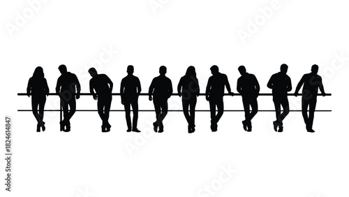 Group of people leaning on railing silhouettes isolated on white background, Vector