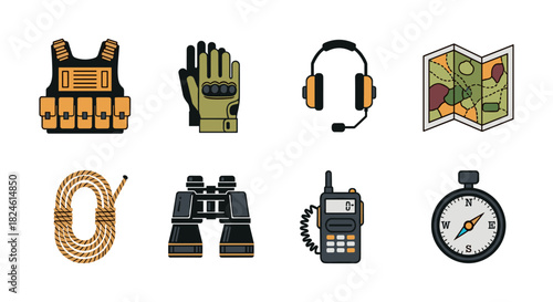 Military and outdoor gear icons set in flat design