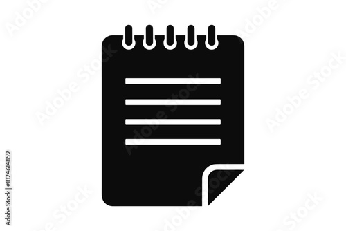 Minimalist notebook icon with spiral binding and page turn in monochrome silhouette