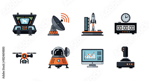 Flat style space technology icons featuring rocket, satellite, and computer display