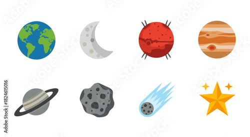 Colorful celestial icons set featuring planets, moon, and stars for space-themed designs