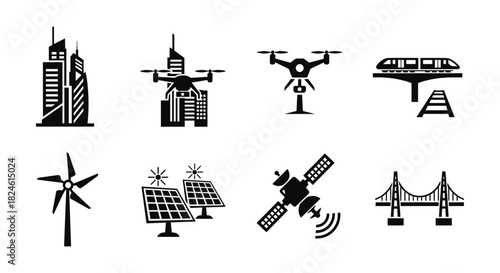 Urban and renewable energy silhouettes: drones, skyscrapers, trains, and bridges