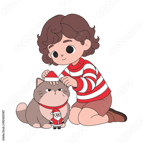 A little girl is dressing up as a little cat to celebrate Christmas