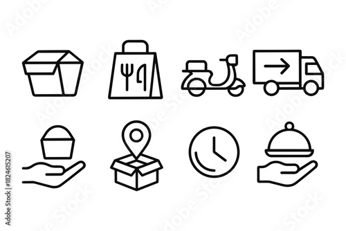Delivery icons set featuring scooter, truck, box, and clock in simple linear style