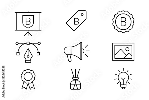 Linear icons for branding and design: megaphone, badge, lightbulb, pen tool, photo frame, tag