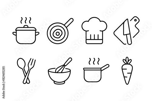 Minimalist cooking icons set: pots, chef hat, utensils, carrot, cutting board