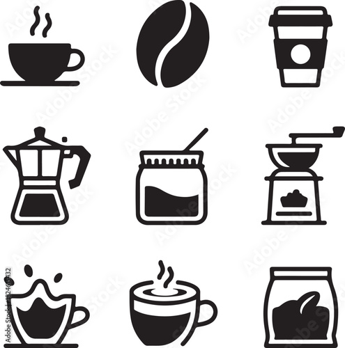 Nine black and white icons related to coffee preparation and consumption hot drink steam