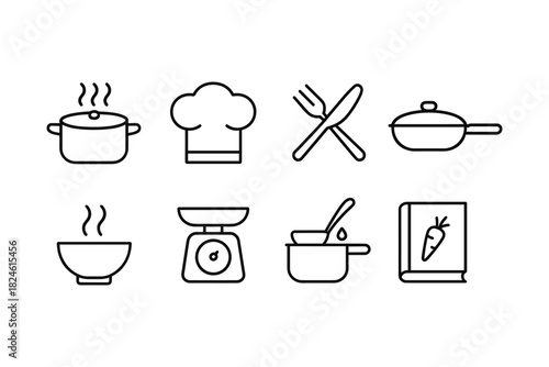 Minimalist cooking icons: kitchen tools and utensils in linear style