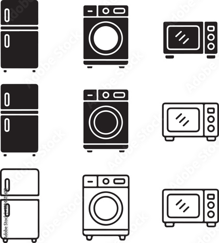 Set of nine icons depicting refrigerators washing machines and microwaves in solid fill and outline styles Keywords: appliance, home, kitchen, refrigerator, fridge, freezer, washing machine