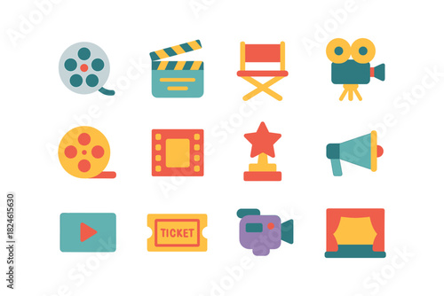 Colorful movie and cinema icons in flat style for entertainment projects